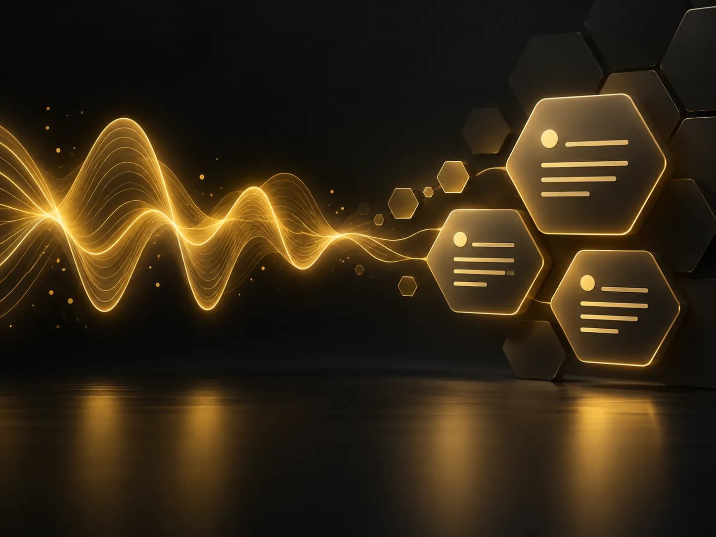 A golden sound wave turning into hexagonal note cards.