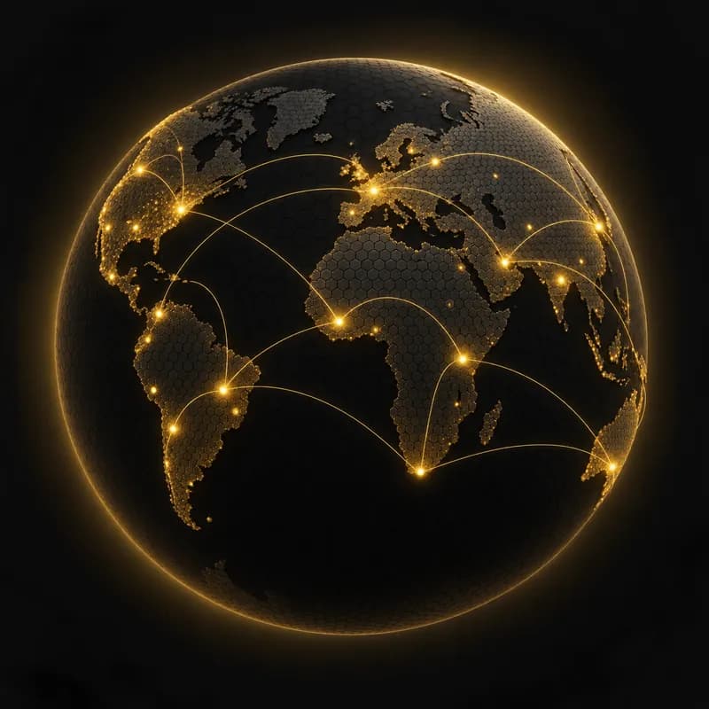 A dark globe with golden lines connecting cities on several continents.