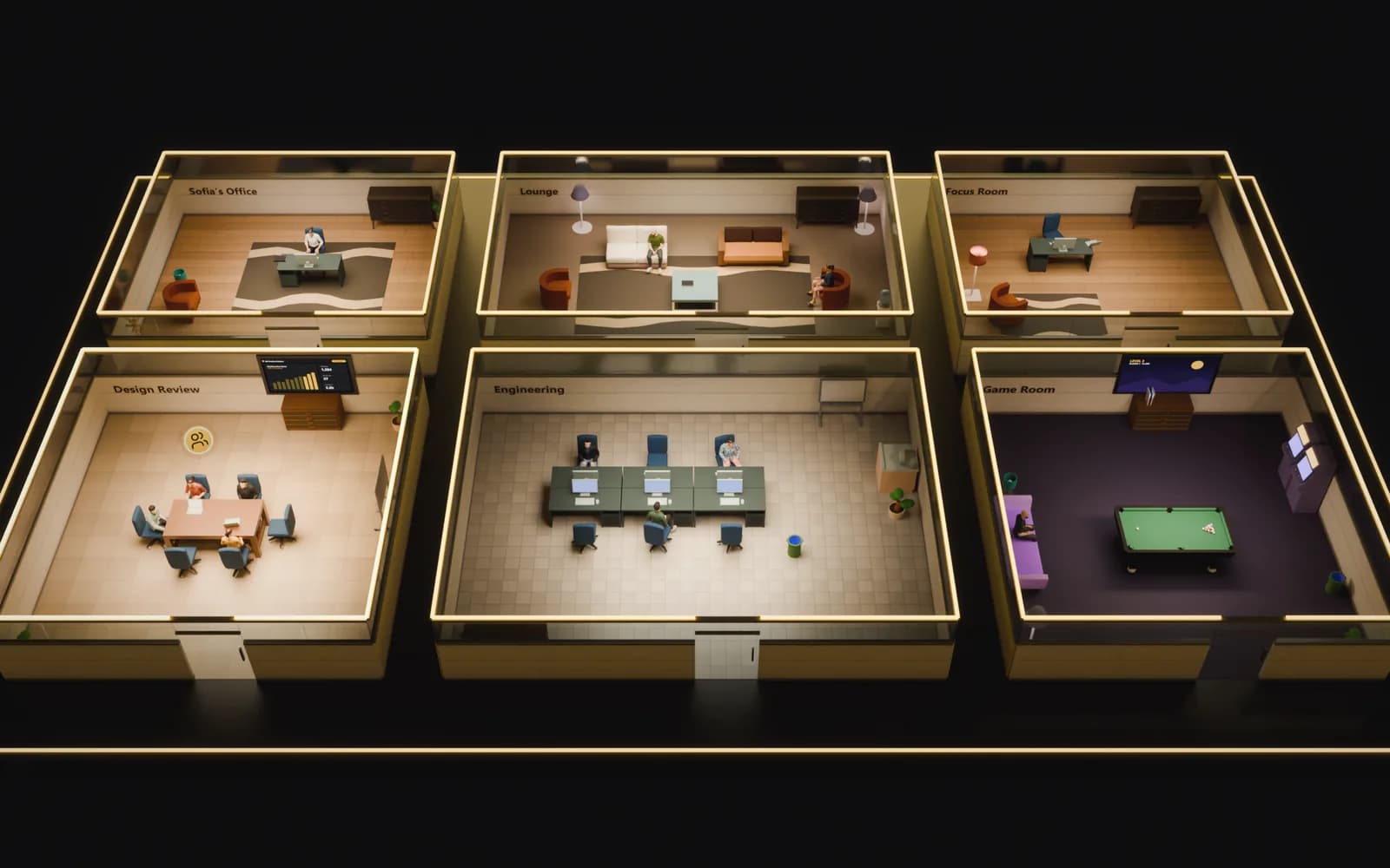 The 3D office view from above: private offices, Design Review, Engineering and the Lounge under warm gold light, with everyone's avatar in their seat.