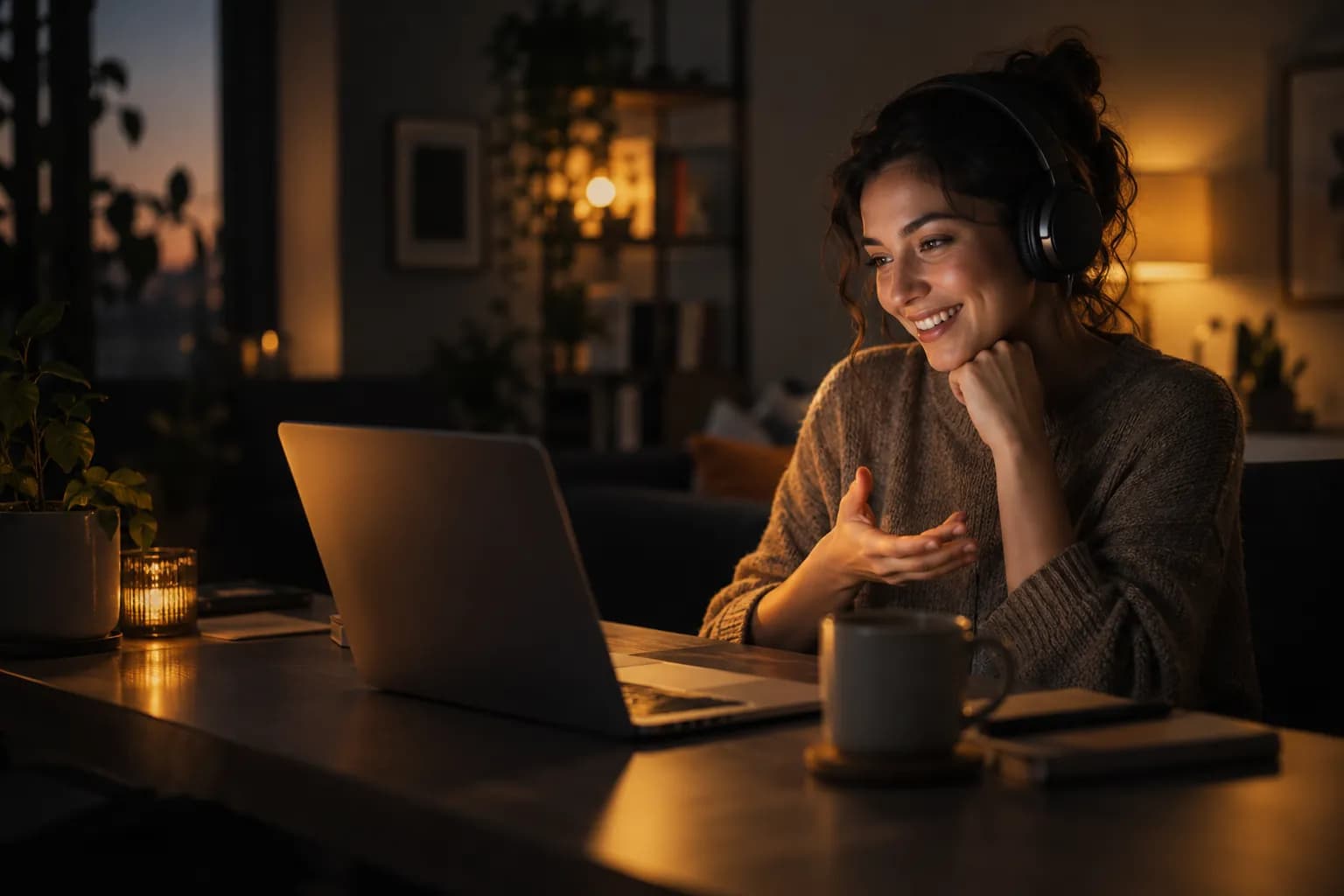 A remote worker in headphones smiling at her laptop in a warmly lit room.