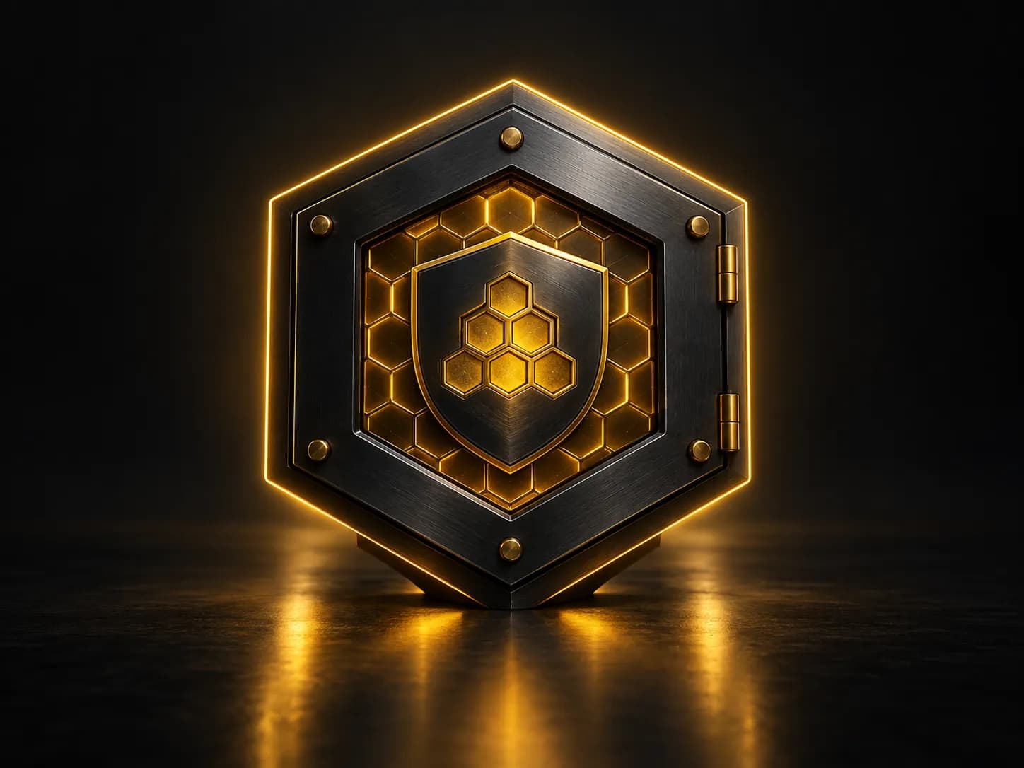 A hexagonal steel vault door with a glowing honeycomb shield.